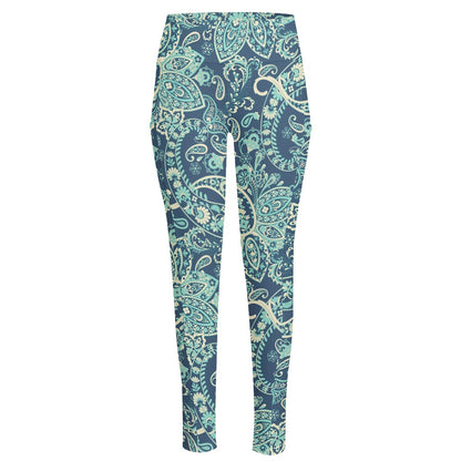 Blue Sky Paisley Bohemian Pattern Print High-Waisted Pocket Leggings