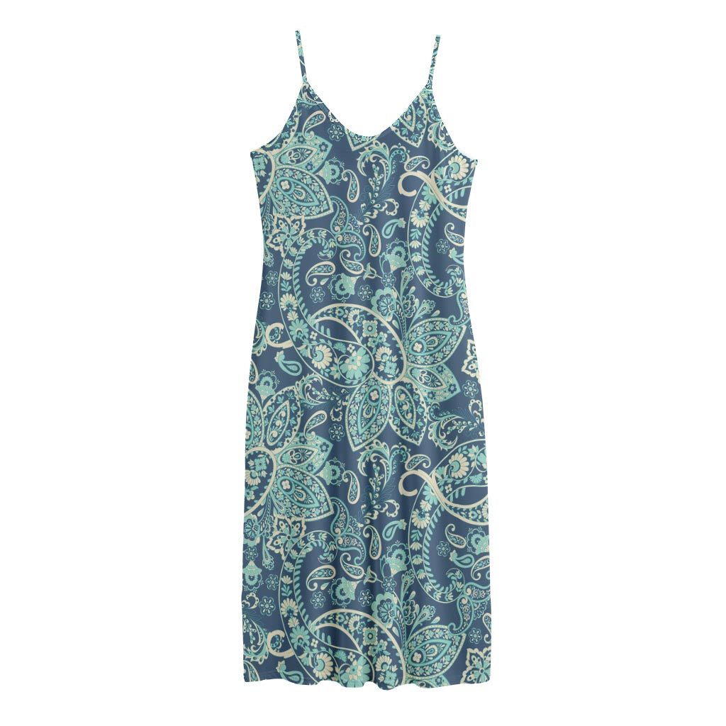Blue Sky Paisley Bohemian Pattern Print Jersey Midi Cami Dress