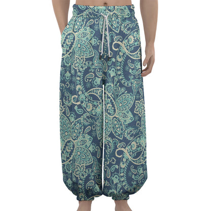 Blue Sky Paisley Bohemian Pattern Print Lantern Pants