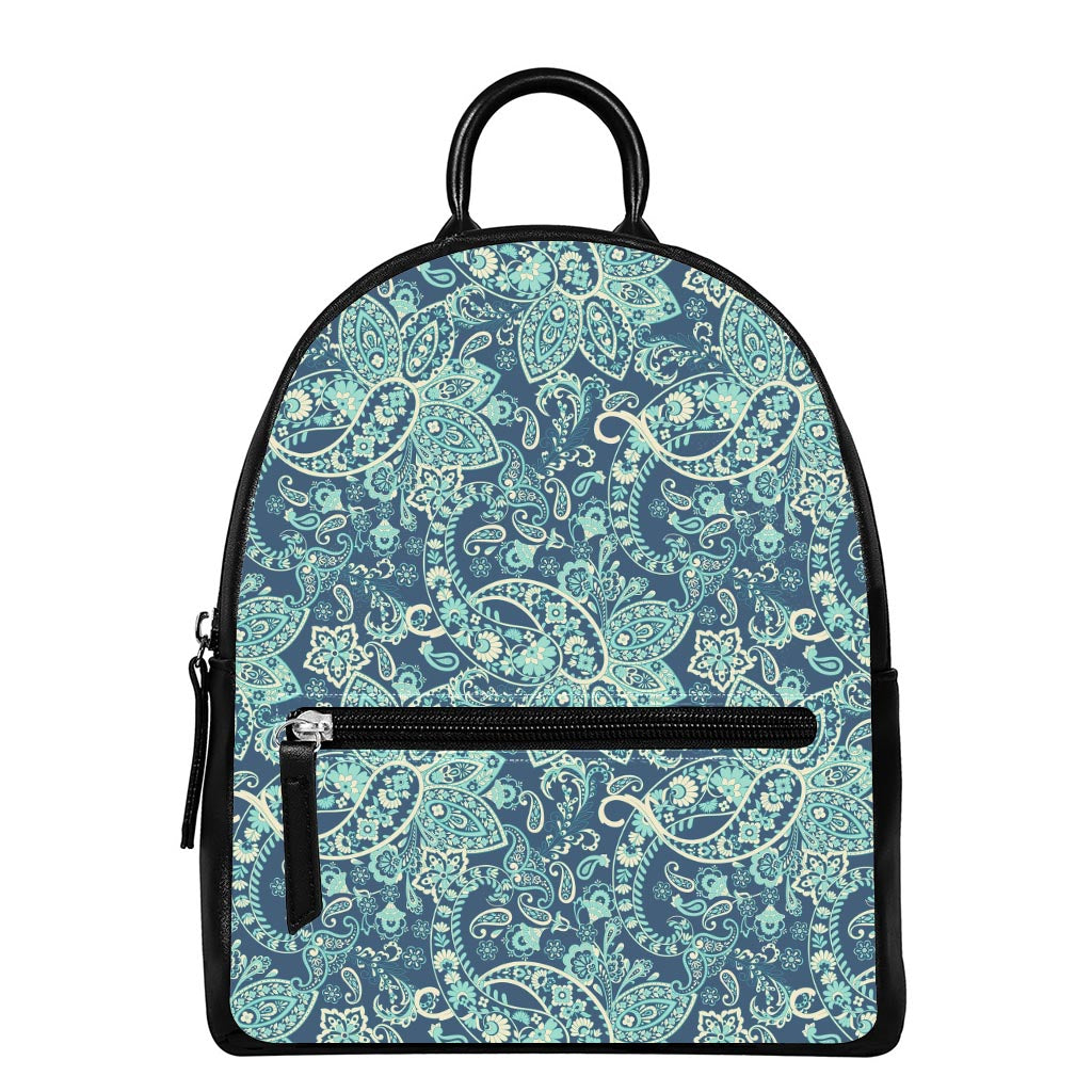 Blue Sky Paisley Bohemian Pattern Print Leather Backpack