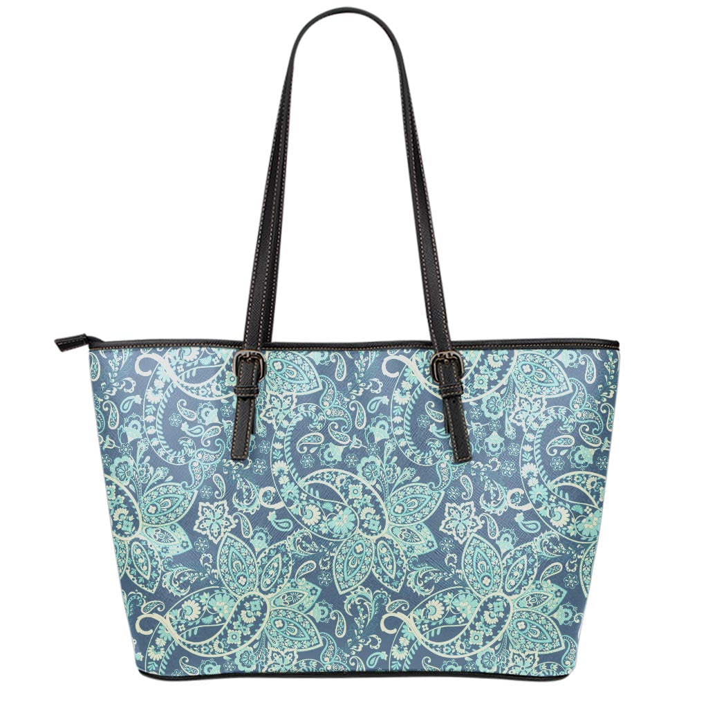 Blue Sky Paisley Bohemian Pattern Print Leather Tote Bag