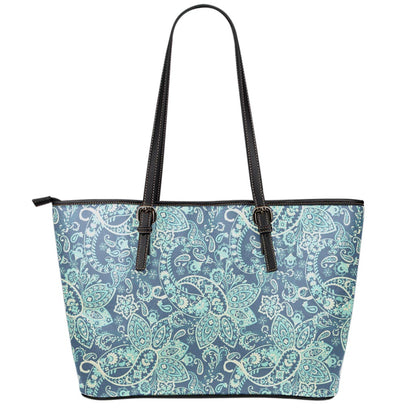 Blue Sky Paisley Bohemian Pattern Print Leather Tote Bag