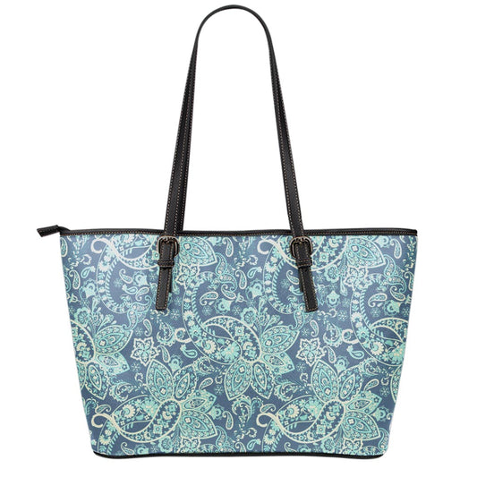 Blue Sky Paisley Bohemian Pattern Print Leather Tote Bag