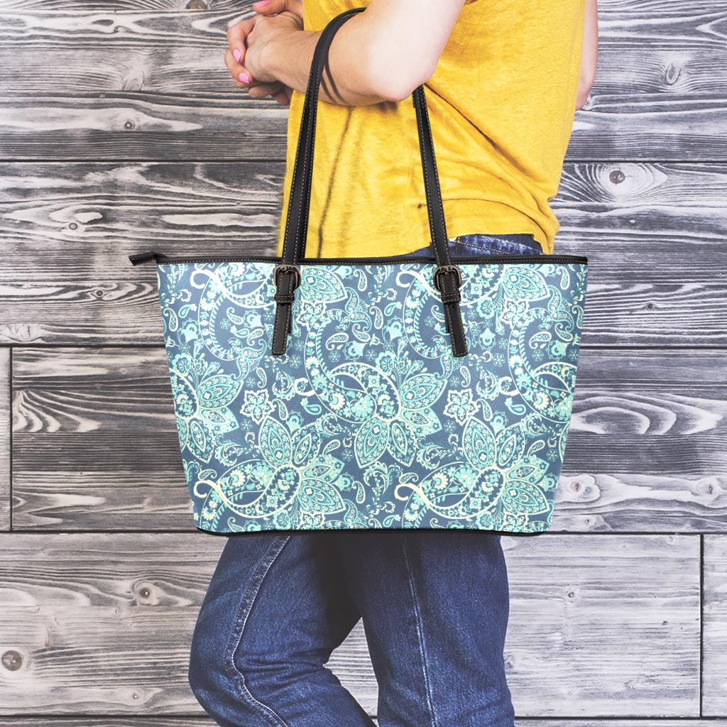 Blue Sky Paisley Bohemian Pattern Print Leather Tote Bag