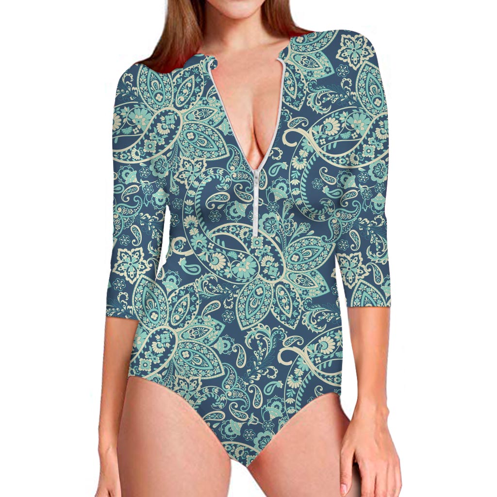 Blue Sky Paisley Bohemian Pattern Print Long Sleeve Swimsuit
