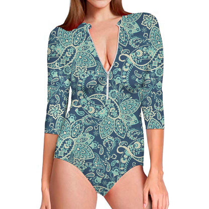 Blue Sky Paisley Bohemian Pattern Print Long Sleeve Swimsuit