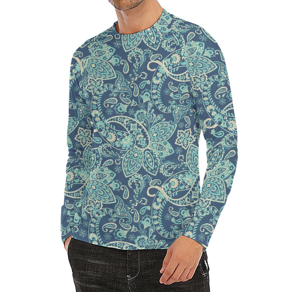 Blue Sky Paisley Bohemian Pattern Print Men's Long Sleeve Rash Guard
