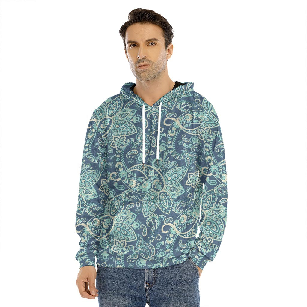 Blue Sky Paisley Bohemian Pattern Print Men's Velvet Pullover Hoodie