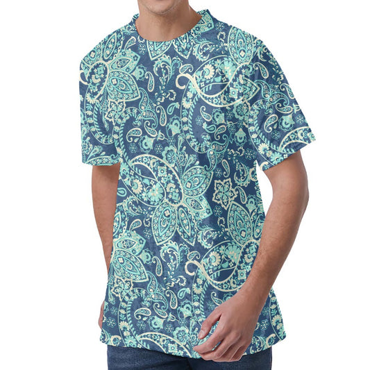 Blue Sky Paisley Bohemian Pattern Print Men's Velvet T-Shirt