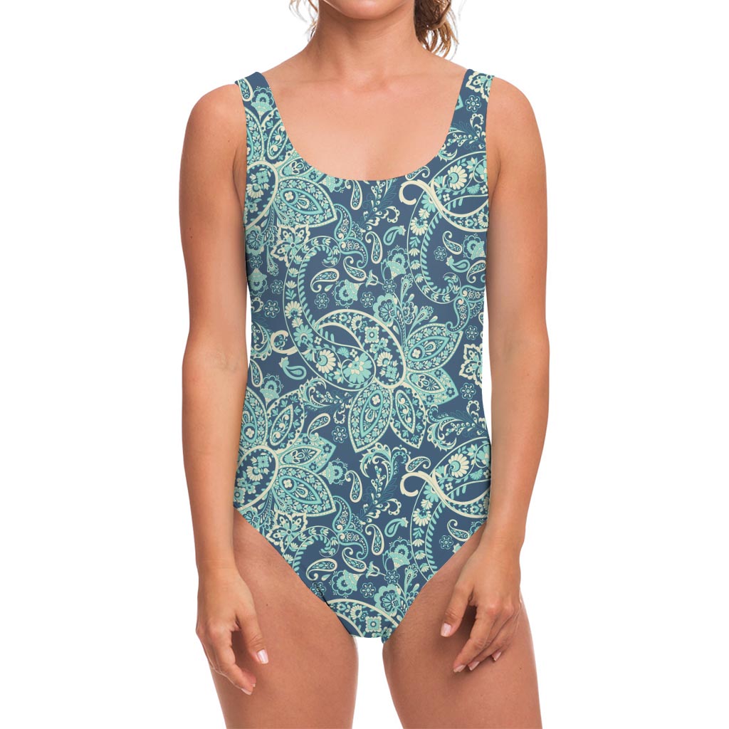 Blue Sky Paisley Bohemian Pattern Print One Piece Swimsuit