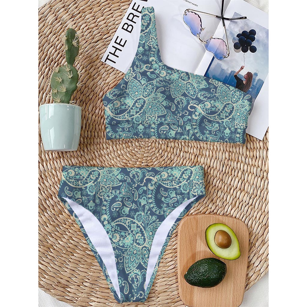 Blue Sky Paisley Bohemian Pattern Print One Shoulder Bikini Top