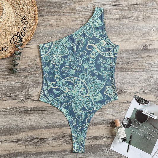 Blue Sky Paisley Bohemian Pattern Print One Shoulder Bodysuit