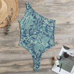 Blue Sky Paisley Bohemian Pattern Print One Shoulder Bodysuit