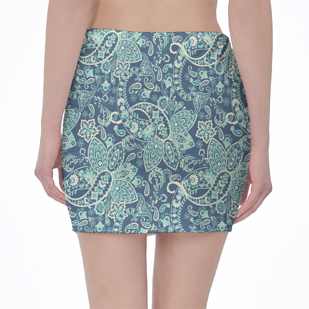 Blue Sky Paisley Bohemian Pattern Print Pencil Mini Skirt