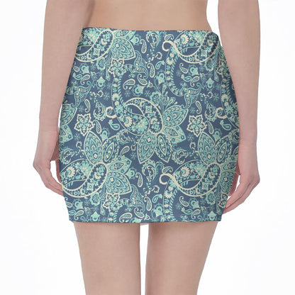 Blue Sky Paisley Bohemian Pattern Print Pencil Mini Skirt