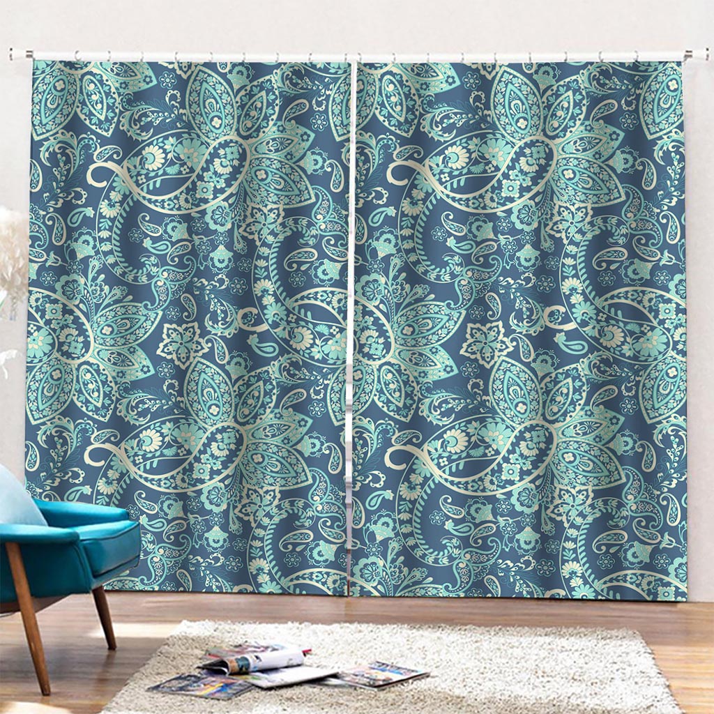 Blue Sky Paisley Bohemian Pattern Print Pencil Pleat Curtains