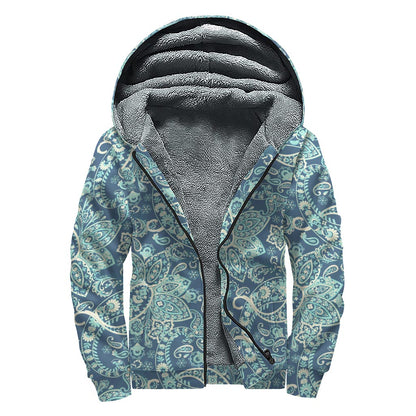 Blue Sky Paisley Bohemian Pattern Print Sherpa Lined Zip Up Hoodie