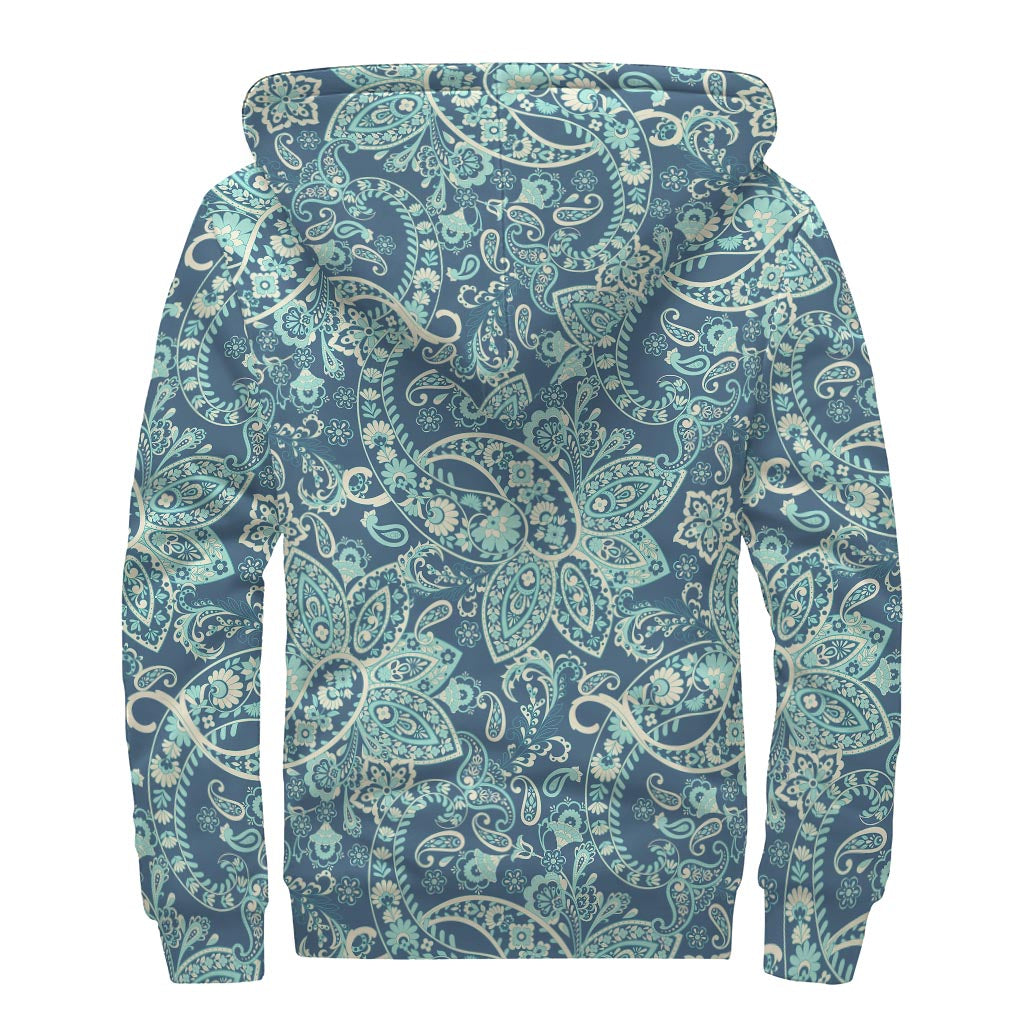 Blue Sky Paisley Bohemian Pattern Print Sherpa Lined Zip Up Hoodie