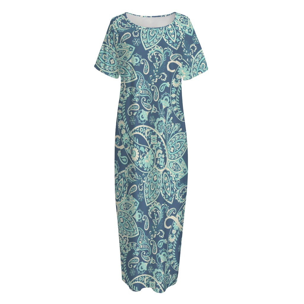 Blue Sky Paisley Bohemian Pattern Print Short Sleeve Long Nightdress