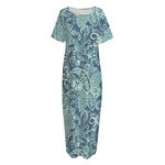 Blue Sky Paisley Bohemian Pattern Print Short Sleeve Long Nightdress