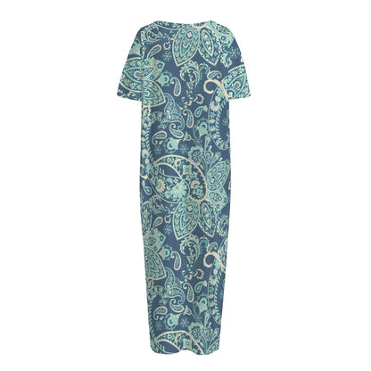 Blue Sky Paisley Bohemian Pattern Print Short Sleeve Long Nightdress