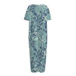 Blue Sky Paisley Bohemian Pattern Print Short Sleeve Long Nightdress