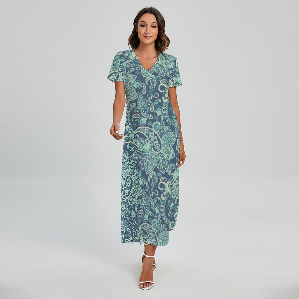 Blue Sky Paisley Bohemian Pattern Print Short Sleeve Maxi Dress