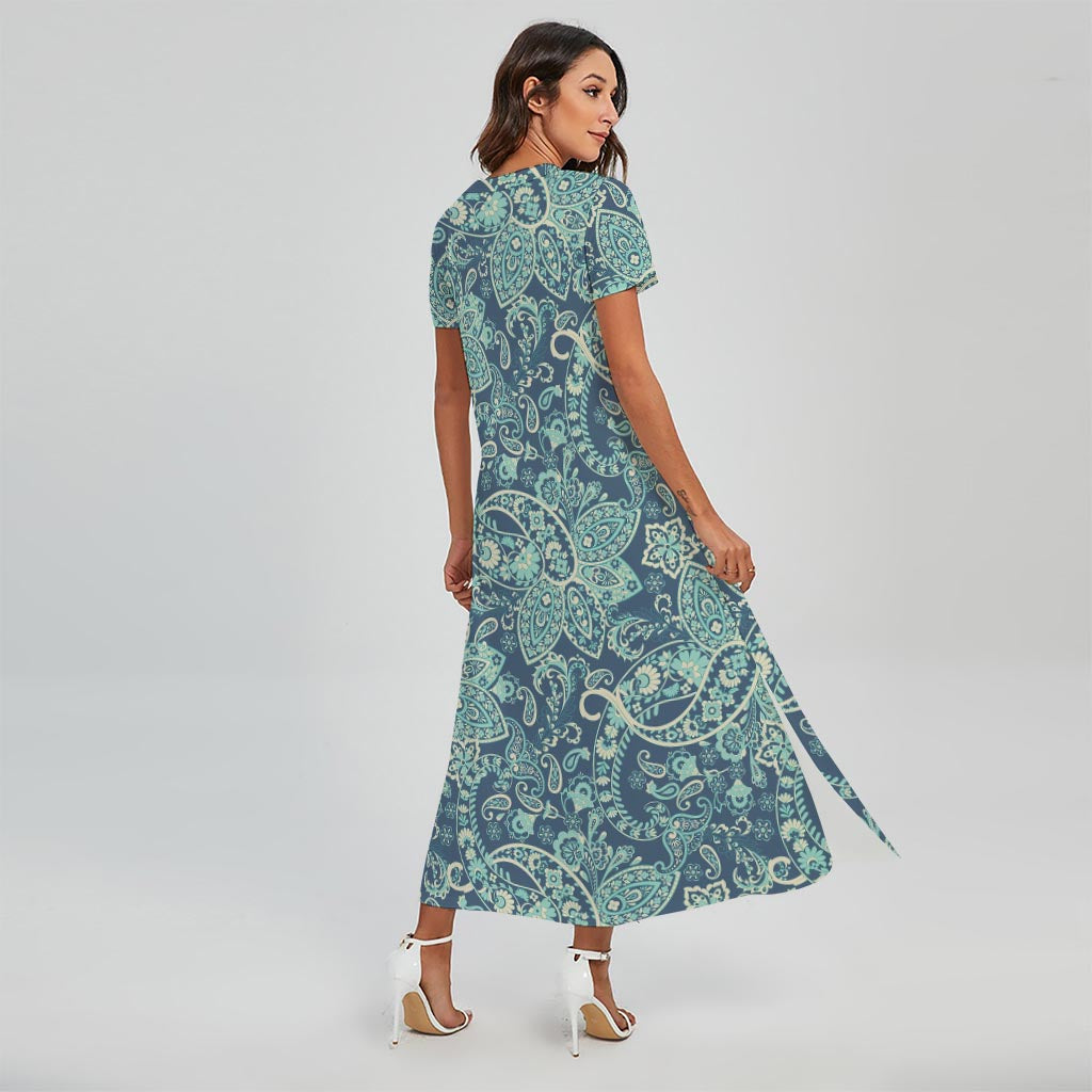 Blue Sky Paisley Bohemian Pattern Print Short Sleeve Maxi Dress
