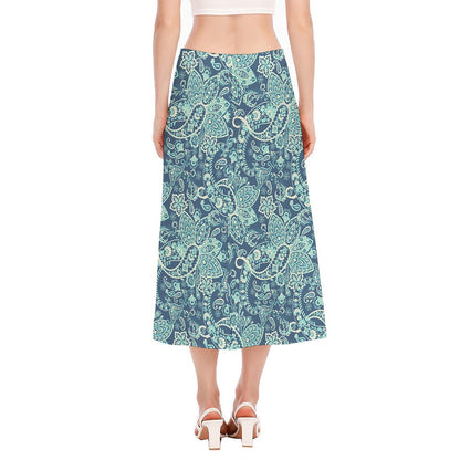 Blue Sky Paisley Bohemian Pattern Print Side Slit Midi Skirt