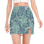 Blue Sky Paisley Bohemian Pattern Print Side Slit Mini Skirt