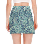 Blue Sky Paisley Bohemian Pattern Print Side Slit Mini Skirt