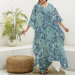 Blue Sky Paisley Bohemian Pattern Print Silk V-Neck Kaftan Dress