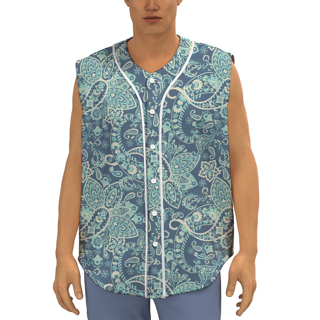 Blue Sky Paisley Bohemian Pattern Print Sleeveless Baseball Jersey