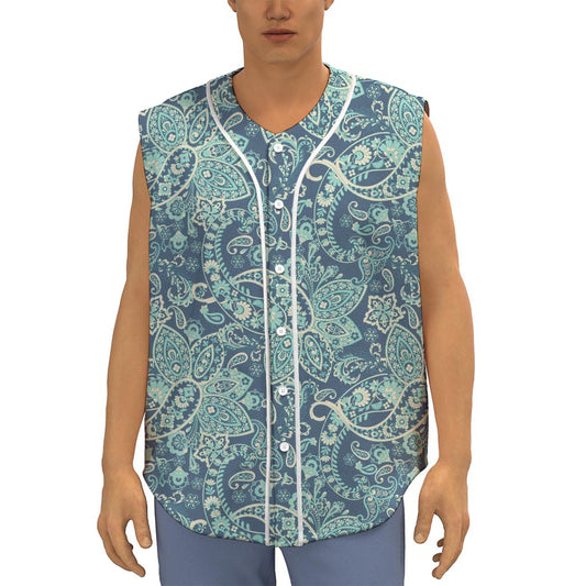 Blue Sky Paisley Bohemian Pattern Print Sleeveless Baseball Jersey