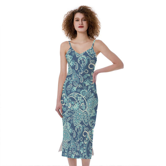 Blue Sky Paisley Bohemian Pattern Print Slim Fit Midi Cami Dress