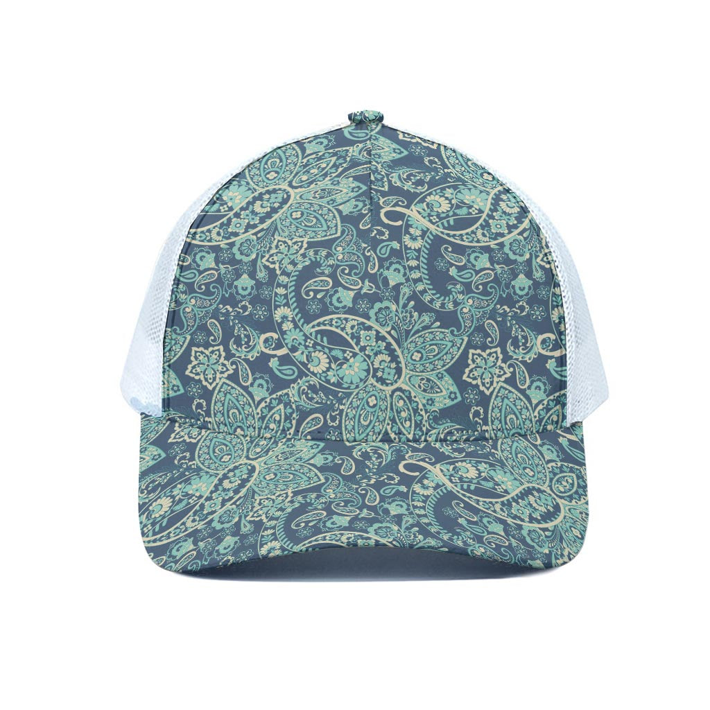 Blue Sky Paisley Bohemian Pattern Print White Mesh Trucker Cap