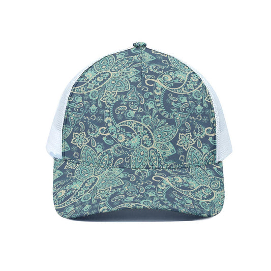 Blue Sky Paisley Bohemian Pattern Print White Mesh Trucker Cap