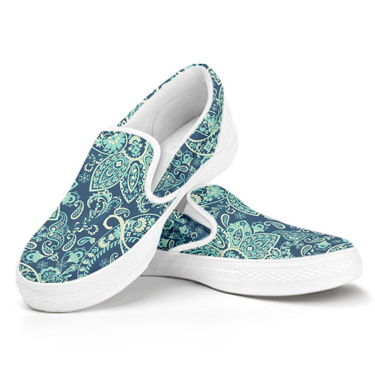 Blue Sky Paisley Bohemian Pattern Print White Slip On Sneakers