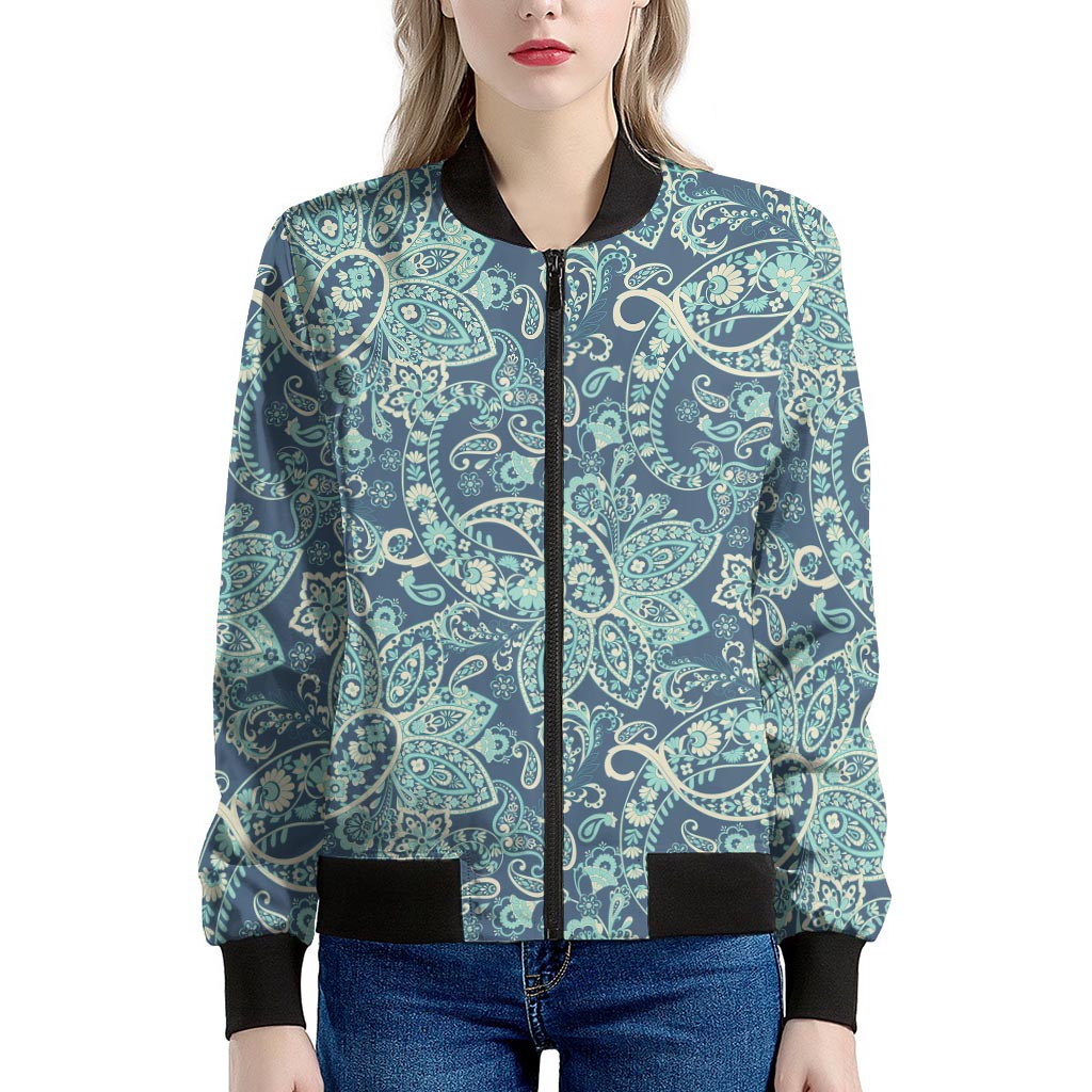 Blue Sky Paisley Bohemian Pattern Print Women's Bomber Jacket