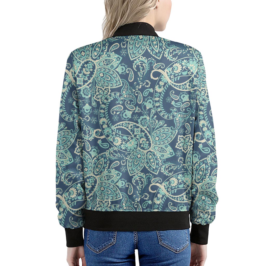 Blue Sky Paisley Bohemian Pattern Print Women's Bomber Jacket