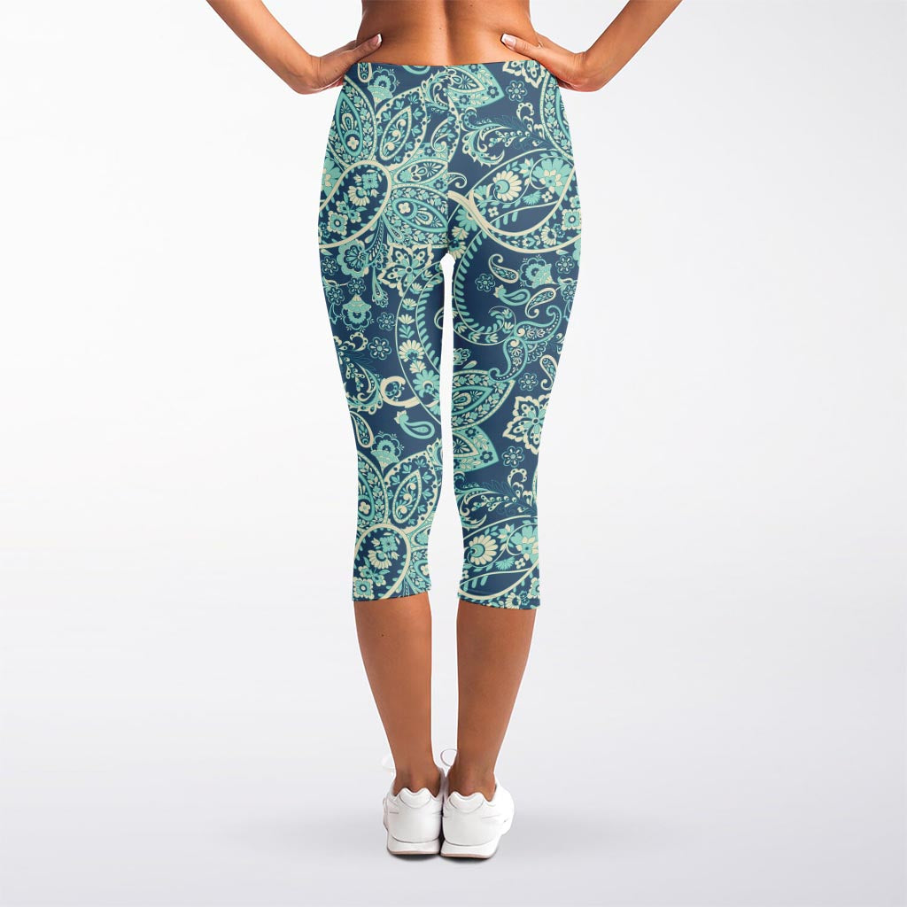 Blue Sky Paisley Bohemian Pattern Print Women's Capri Leggings