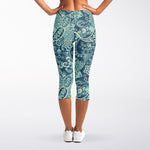 Blue Sky Paisley Bohemian Pattern Print Women's Capri Leggings