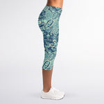Blue Sky Paisley Bohemian Pattern Print Women's Capri Leggings