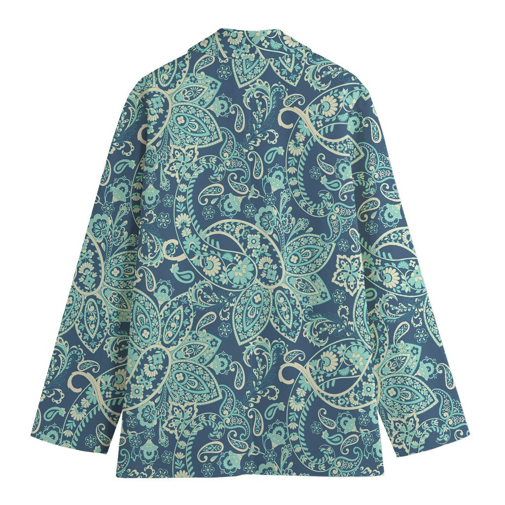 Blue Sky Paisley Bohemian Pattern Print Women's Cotton Blazer