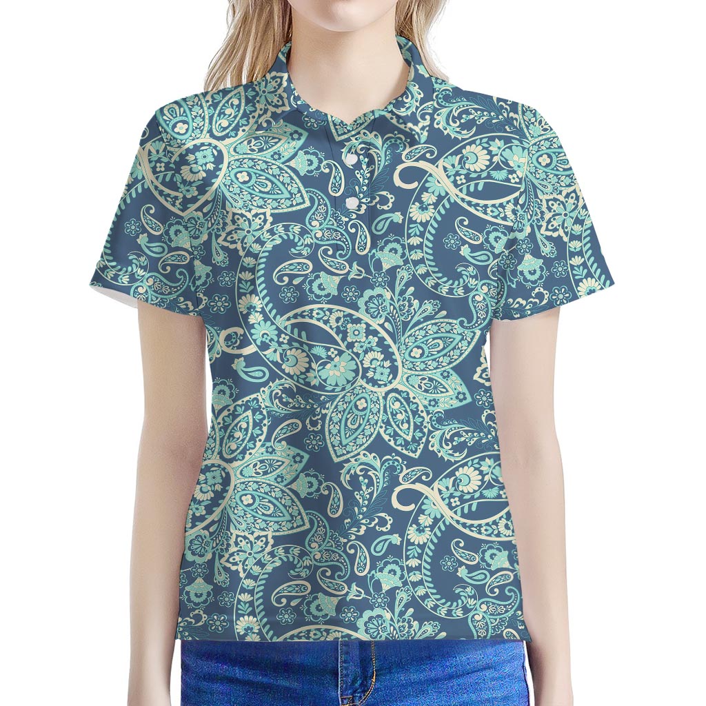 Blue Sky Paisley Bohemian Pattern Print Women's Polo Shirt