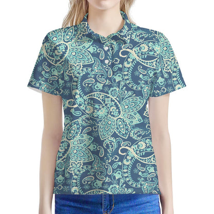 Blue Sky Paisley Bohemian Pattern Print Women's Polo Shirt