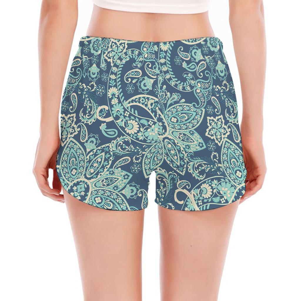 Blue Sky Paisley Bohemian Pattern Print Women's Split Running Shorts
