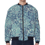 Blue Sky Paisley Bohemian Pattern Print Zip Sleeve Bomber Jacket