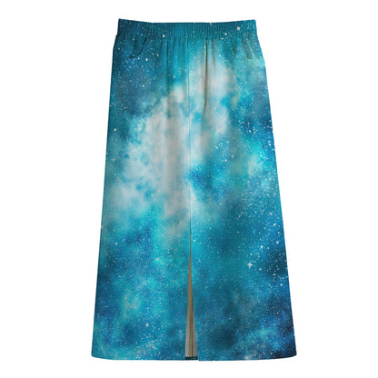 Blue Sky Universe Galaxy Space Print Cotton Front Slit Maxi Skirt