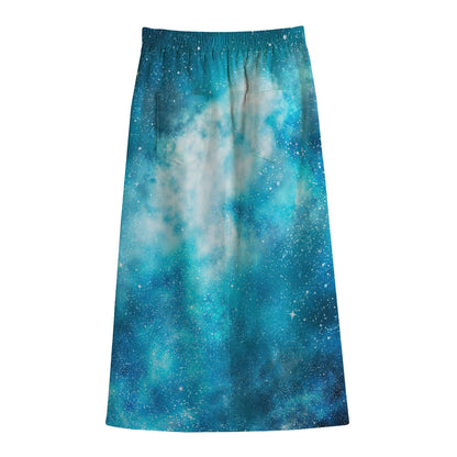 Blue Sky Universe Galaxy Space Print Cotton Front Slit Maxi Skirt